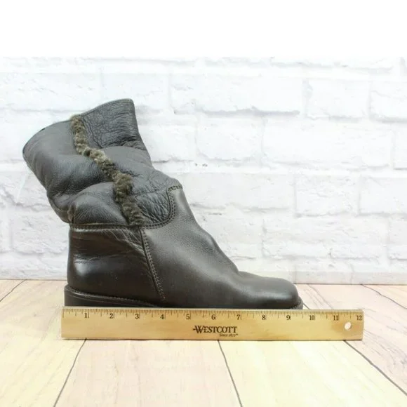 LL Bean Brown Leather Pull On Faux Fur Heeled Tall Boots Size 8 - Picture 6 of 11